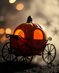 Witness a breathtaking transformation in this high-contrast image where a magical pumpkin metamorphoses into a magnificent ca