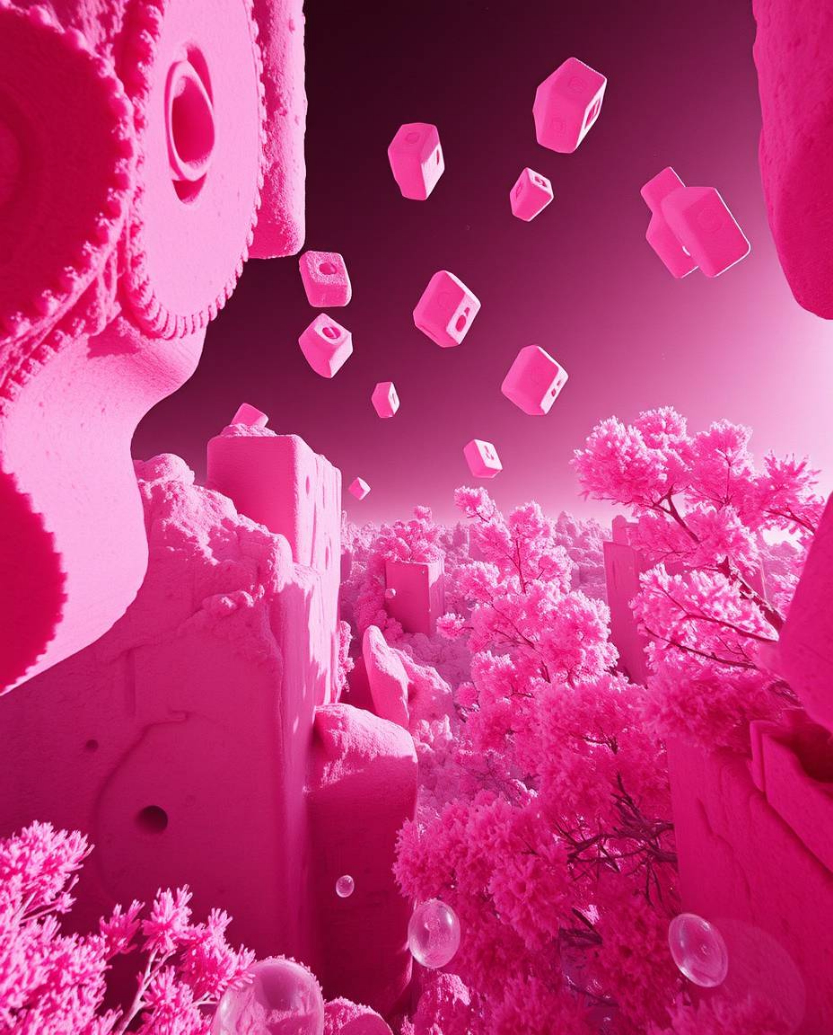 Explore a dramatic cinematic interpretation of abstract 3D shapes floating in space, rendered in surreal infrared tones. This