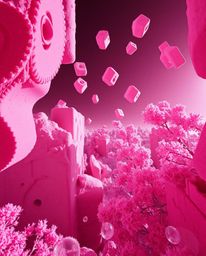 Explore a dramatic cinematic interpretation of abstract 3D shapes floating in space, rendered in surreal infrared tones. This