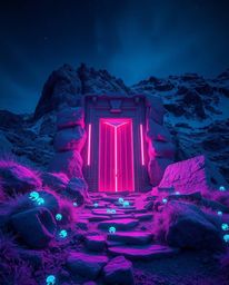 Explore a surreal infrared image of an ancient doorway embedded in a mountainside, radiating with bioluminescent runes. This 