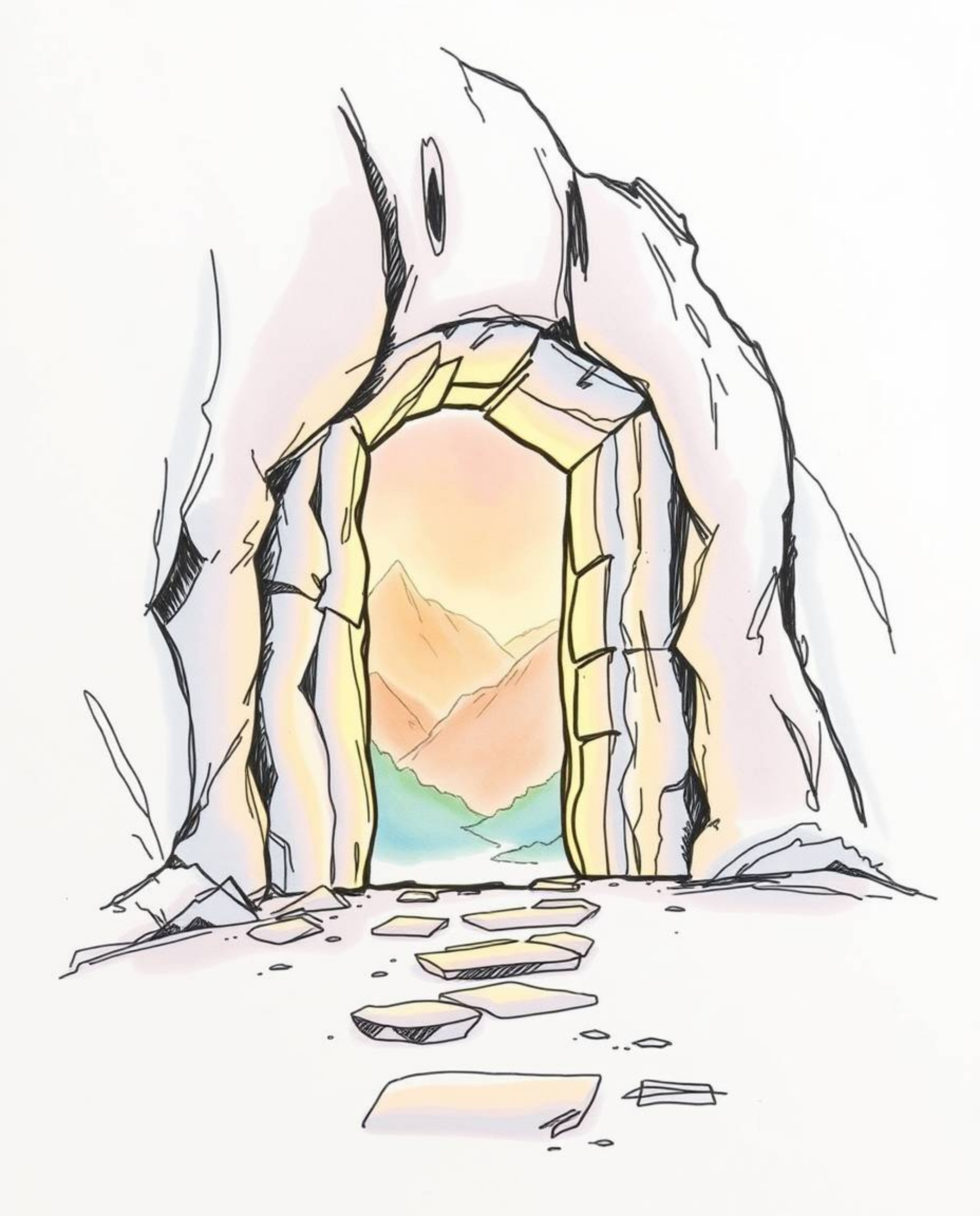A hand-drawn sketch featuring an ancient doorway adorned with glowing runes, nestled within a majestic mountain.  Rendered in