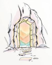 A hand-drawn sketch featuring an ancient doorway adorned with glowing runes, nestled within a majestic mountain.  Rendered in