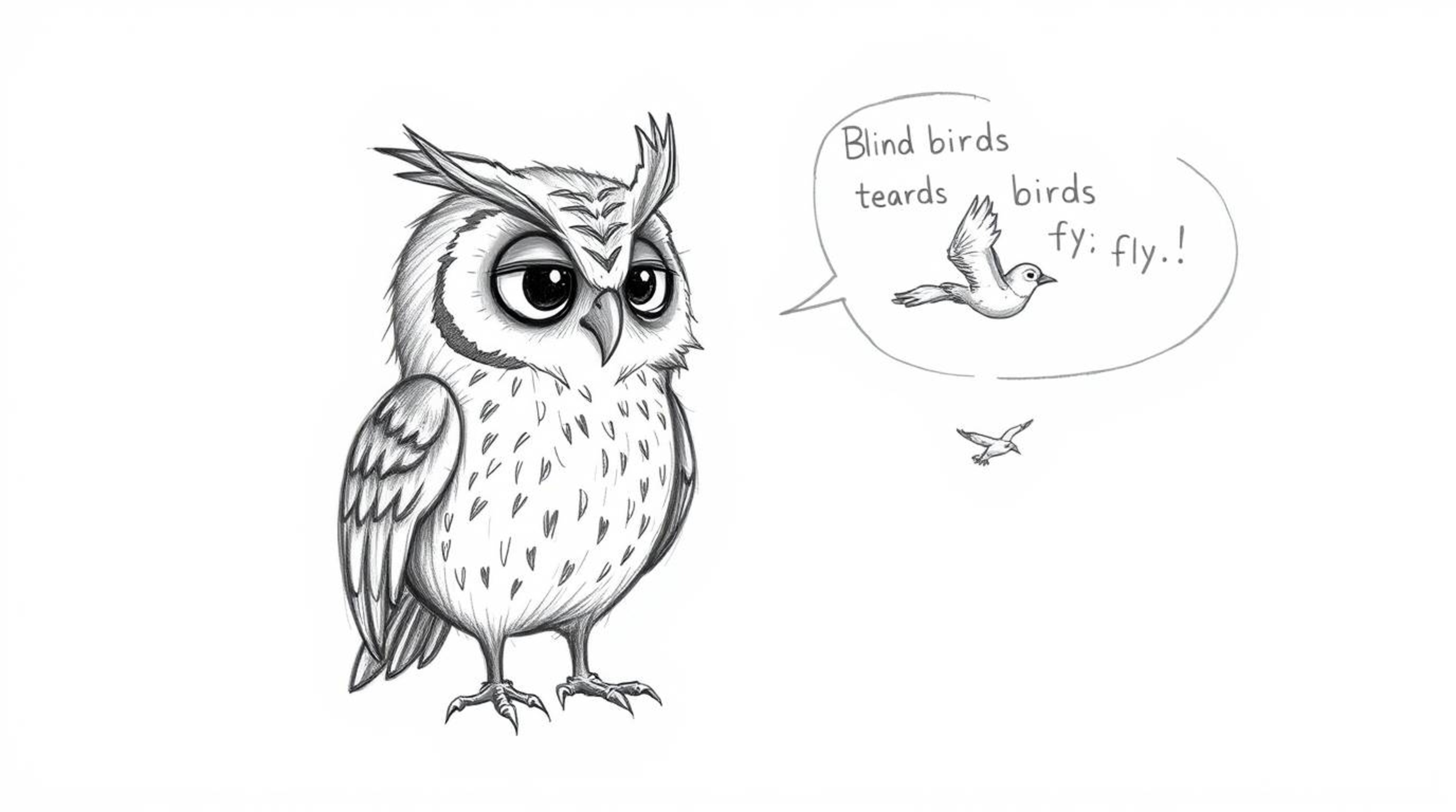 A heartwarming hand-drawn sketch in the style of Pixar portrays a blind owl with textured pencil strokes, embodying a charmin