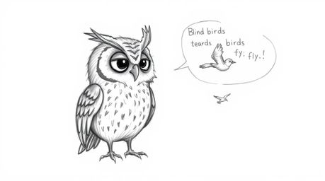 A heartwarming hand-drawn sketch in the style of Pixar portrays a blind owl with textured pencil strokes, embodying a charmin
