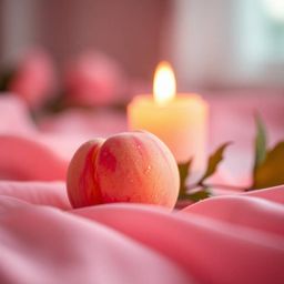 A low-angle close-up ASMR image captures the delicate beauty of a soft, blushing pink peach resting on silky pastel pink fabr
