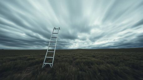 A minimalist scene unfolds with a silver ladder standing in an open field beneath a wide, cloudy sky. Captured with long expo
