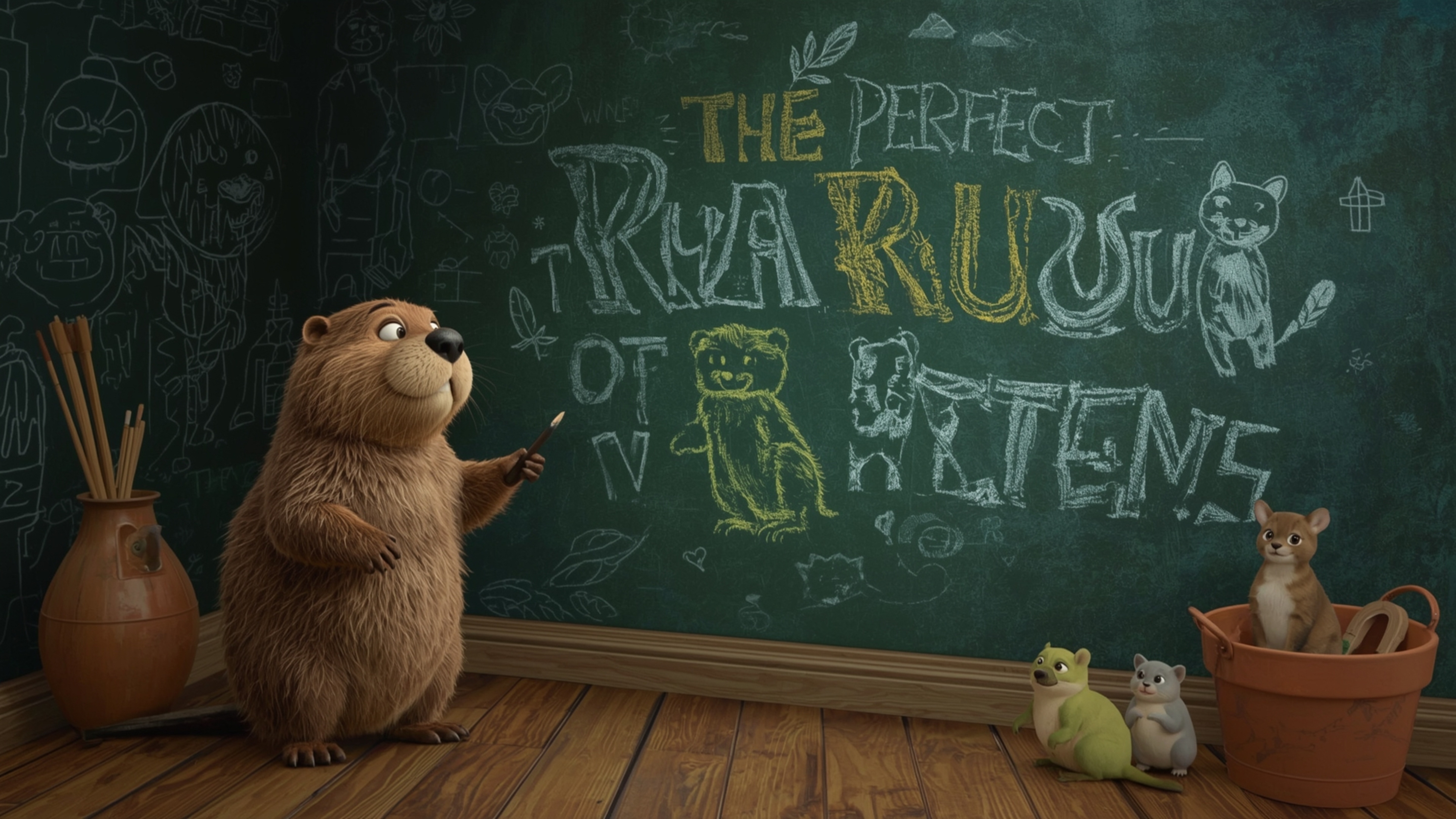 In a whimsical, Pixar-inspired style, a beaver is captured building the perfect treehouse for a group of orphaned animals. Th