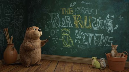 In a whimsical, Pixar-inspired style, a beaver is captured building the perfect treehouse for a group of orphaned animals. Th