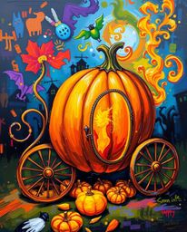 A captivating acrylic painting depicts a magical pumpkin transforming into a carriage.  The artwork bursts with electric, viv