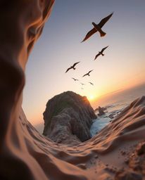 This is a piece of sculptural clay art depicting a sunset over a coastal cliff, viewed from a dramatic low-angle perspective.