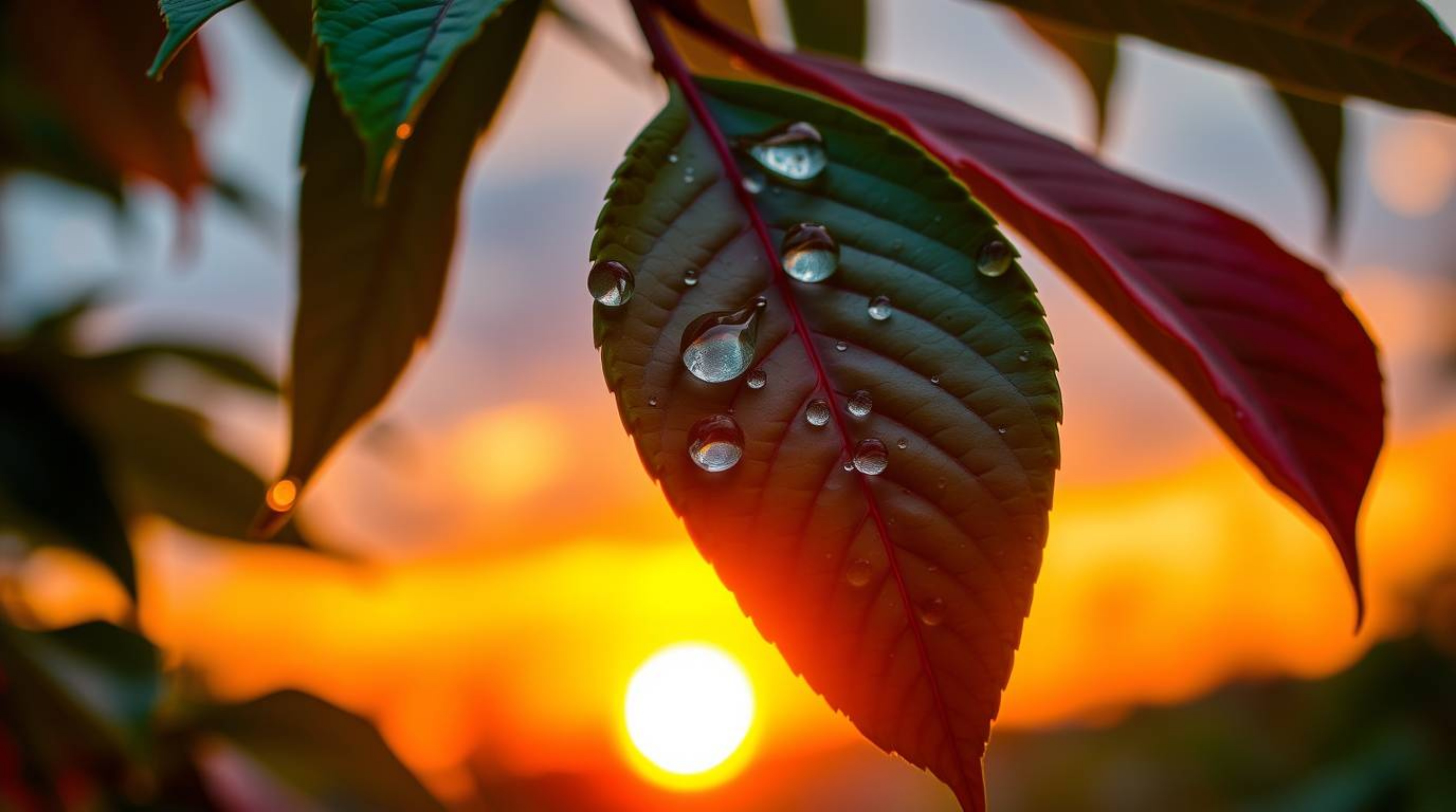 This high-resolution stock photo captures a stunning sunset reflected in delicate raindrops on leaves. The image boasts brigh