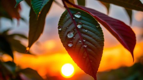 This high-resolution stock photo captures a stunning sunset reflected in delicate raindrops on leaves. The image boasts brigh