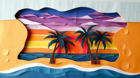 This layered papier-mâché artwork captures the vibrant beauty of a tropical beach sunset, complete with swaying palm trees. D