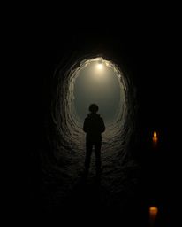 A chilling scene unfolds at the edge of a dark tunnel, where a lone figure gazes towards a distant light. The warm glow of ca