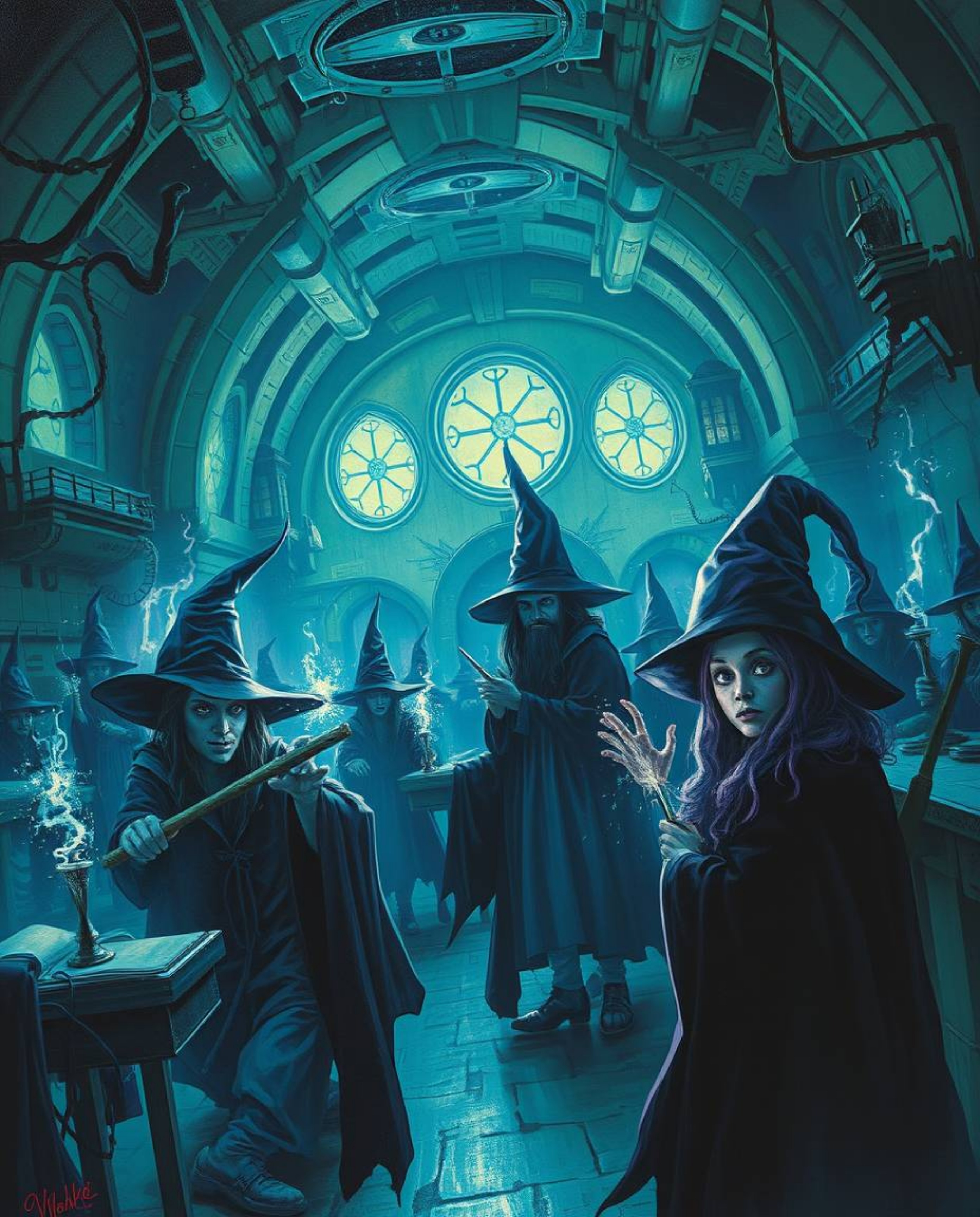 A futuristic sci-fi style painting depicting a magical school teeming with young wizards, creating an eerie and unsettling at