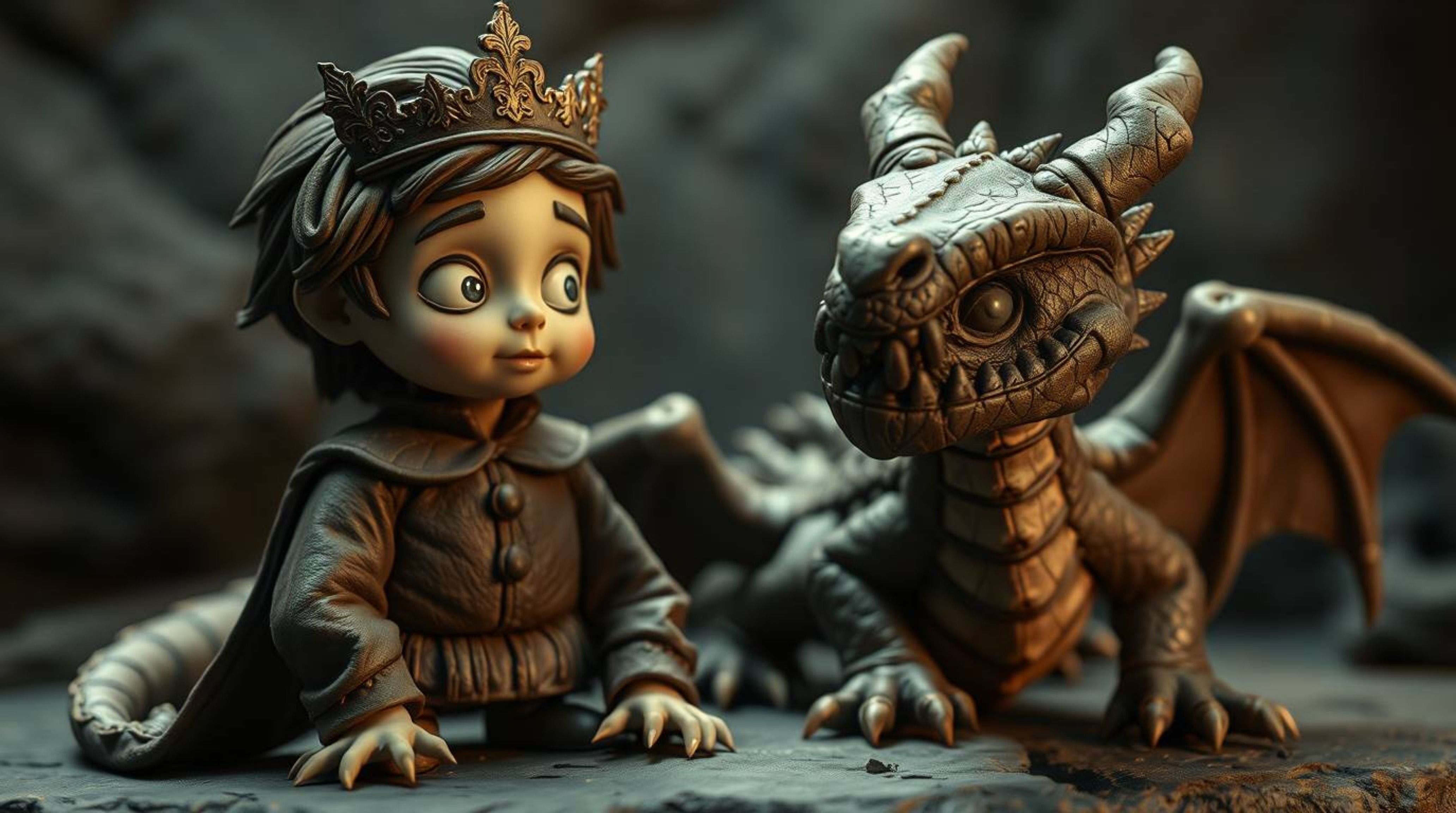 A captivating clay sculpture depicts a charming prince in a dramatic confrontation with a dragon, reminiscent of 1950s animat