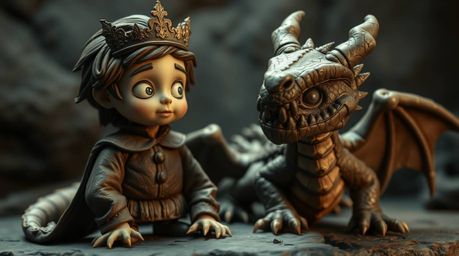 A captivating clay sculpture depicts a charming prince in a dramatic confrontation with a dragon, reminiscent of 1950s animat