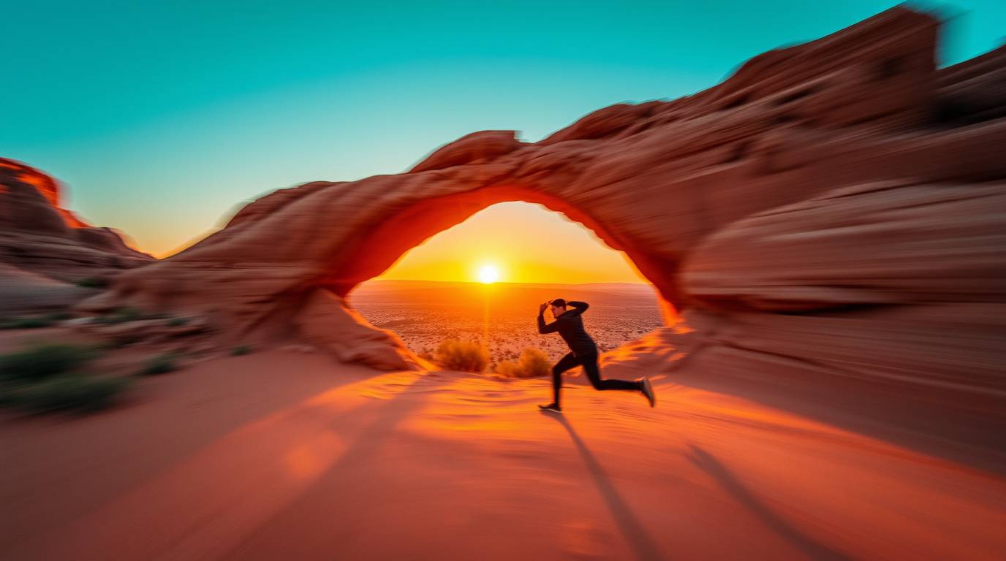 Capture the essence of a desert sunset framed by a natural rock arch in this dynamic motion image. Experience the warm terrac
