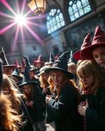 Step into a vibrant world of magic with this captivating close-up of a magical school teeming with young wizards.  Bright len