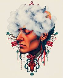 A captivating blend of traditional tattoo art and digital glitch aesthetics. This vibrant print features a human face transfo