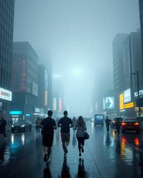 A dreamy and melancholic cityscape emerges through a soft, hazy atmosphere. Rain gently falls, reflecting the fiery glow of t
