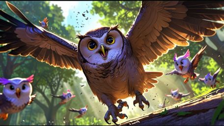 A heartwarming and triumphant scene, rendered in a beautiful Pixar and anime style. A wise blind owl, the mentor, is shown cl