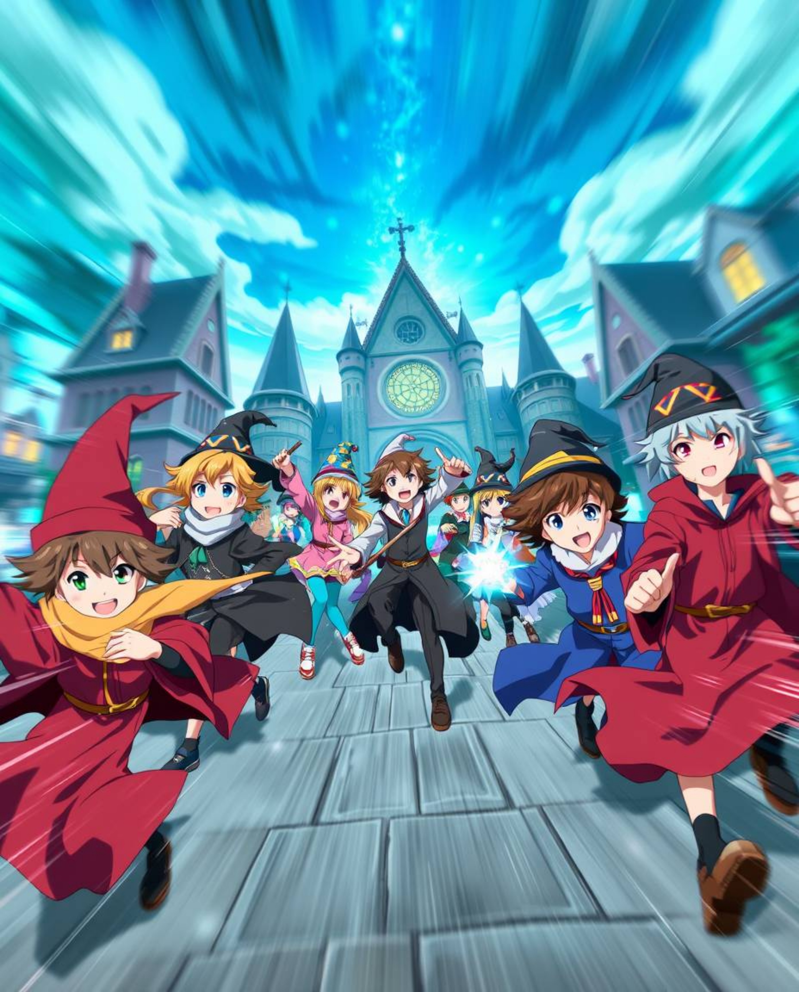 Discover a captivating anime-style magical school brimming with young wizards.  Experience dynamic action poses, expressive c