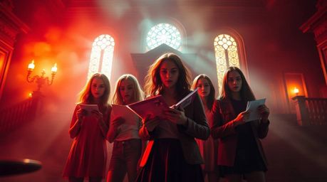 A group of teenagers unravels a chilling mystery within a haunted mansion, bathed in warm, ethereal light.  Reds, oranges, an