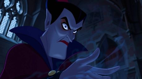 A captivating image of a classic Disney villain casting a spell within the walls of an ancient castle.  Rich burgundy and dee