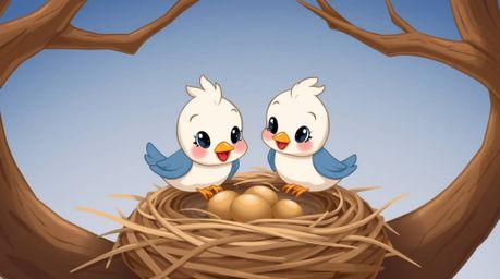 This charming animation features two adorable cartoon birds building a nest. Rendered in a classic animation style, the scen