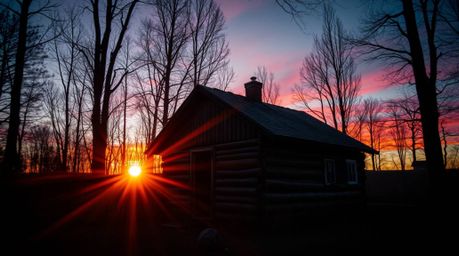 A dramatic cinematic depiction of an old wooden cabin in the woods at sunset, featuring artistic lighting that creates abstra