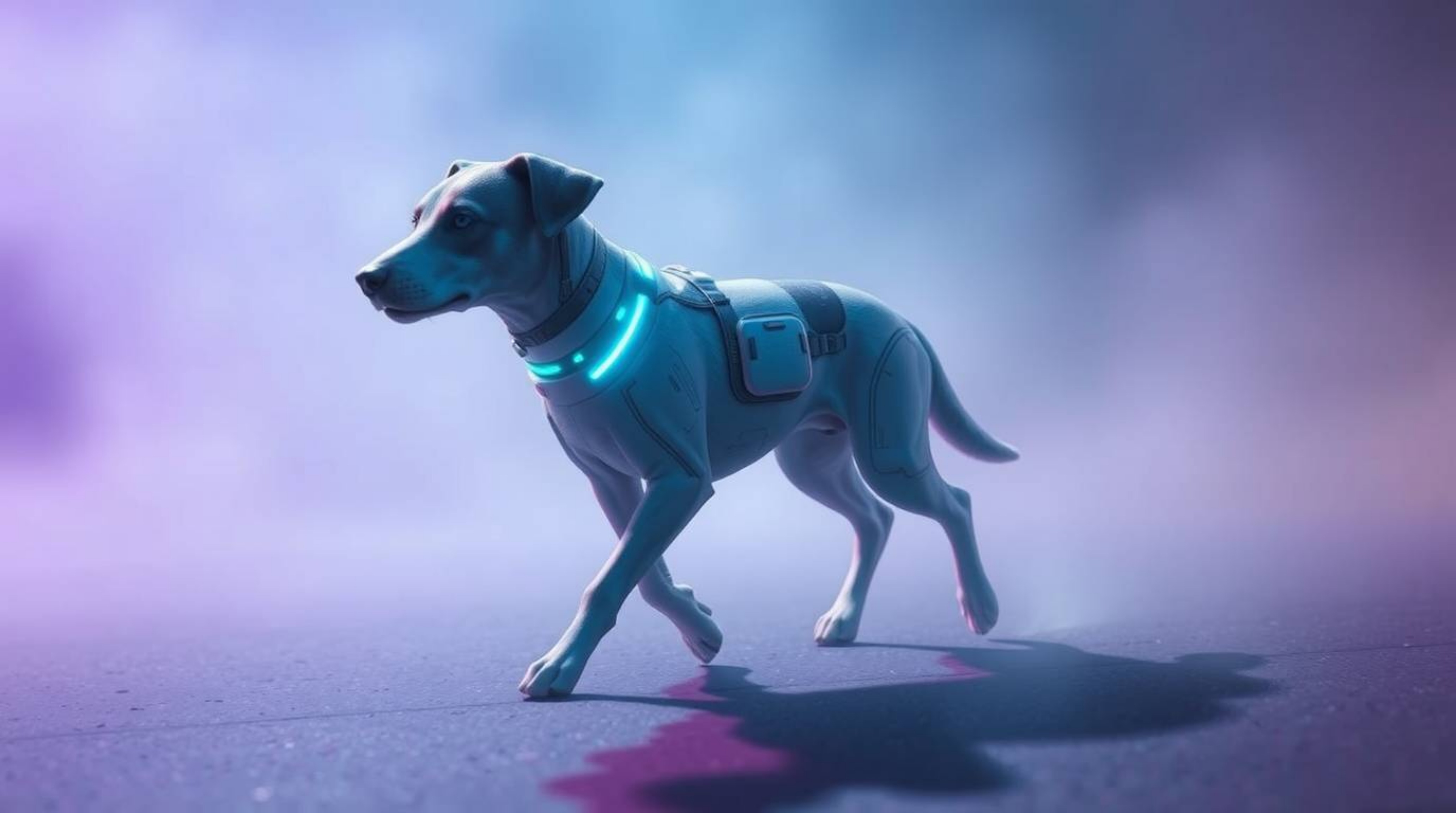 Imagine a futuristic dog, confidently strolling through the vast expanse of space, a scene bathed in a soft, cinematic haze. 