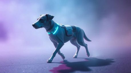 Imagine a futuristic dog, confidently strolling through the vast expanse of space, a scene bathed in a soft, cinematic haze. 