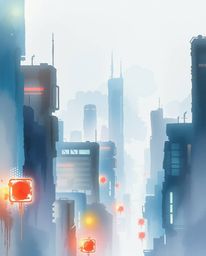 A delicate watercolor painting depicts a futuristic city in glitch mode.  Flickering lights, broken holograms, and translucen