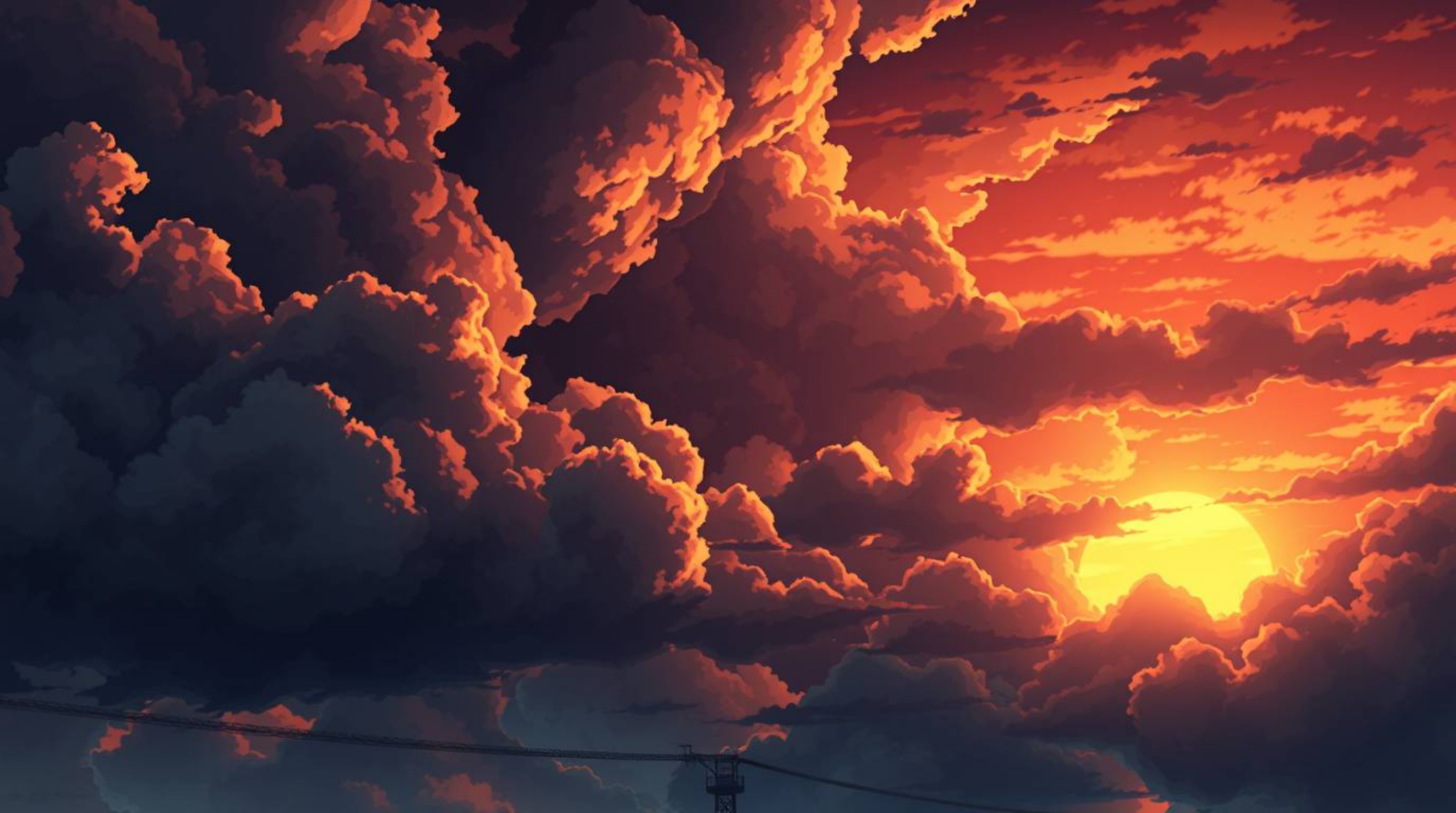 An Isekai anime-style illustration featuring a breathtaking sunset thunderstorm. Intense dramatic weather, stormy skies, and 