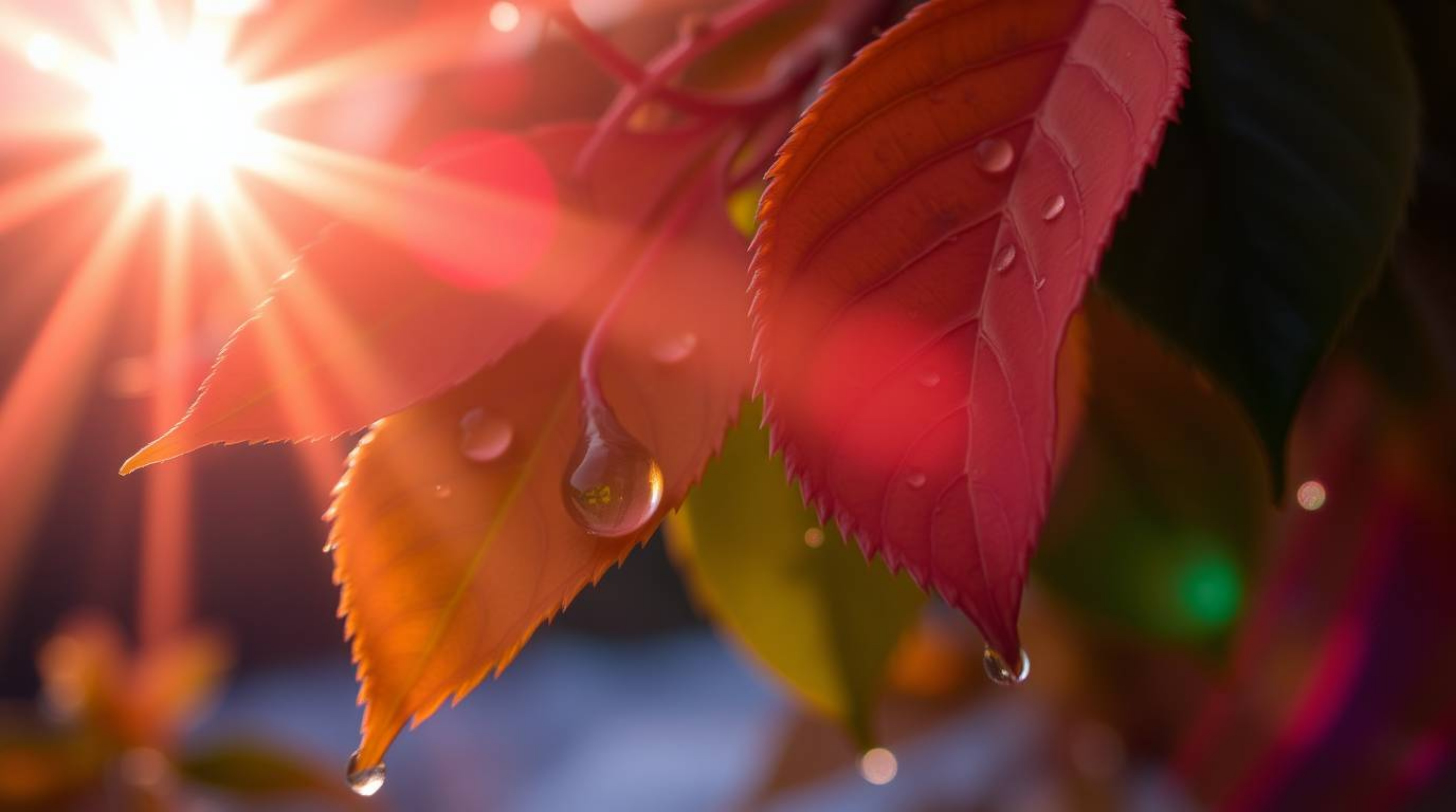Capture the magic of a bright lens flare and an adorable sunset reflected in raindrops on leaves, showcasing charming feature