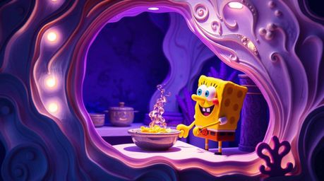 A captivating image showcases a creative light art piece featuring a whimsical sponge character cooking in an underwater kitc