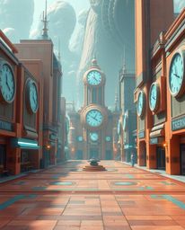 A captivating digital rendering of an empty town square in a futuristic sci-fi setting.  The scene features a striking contra