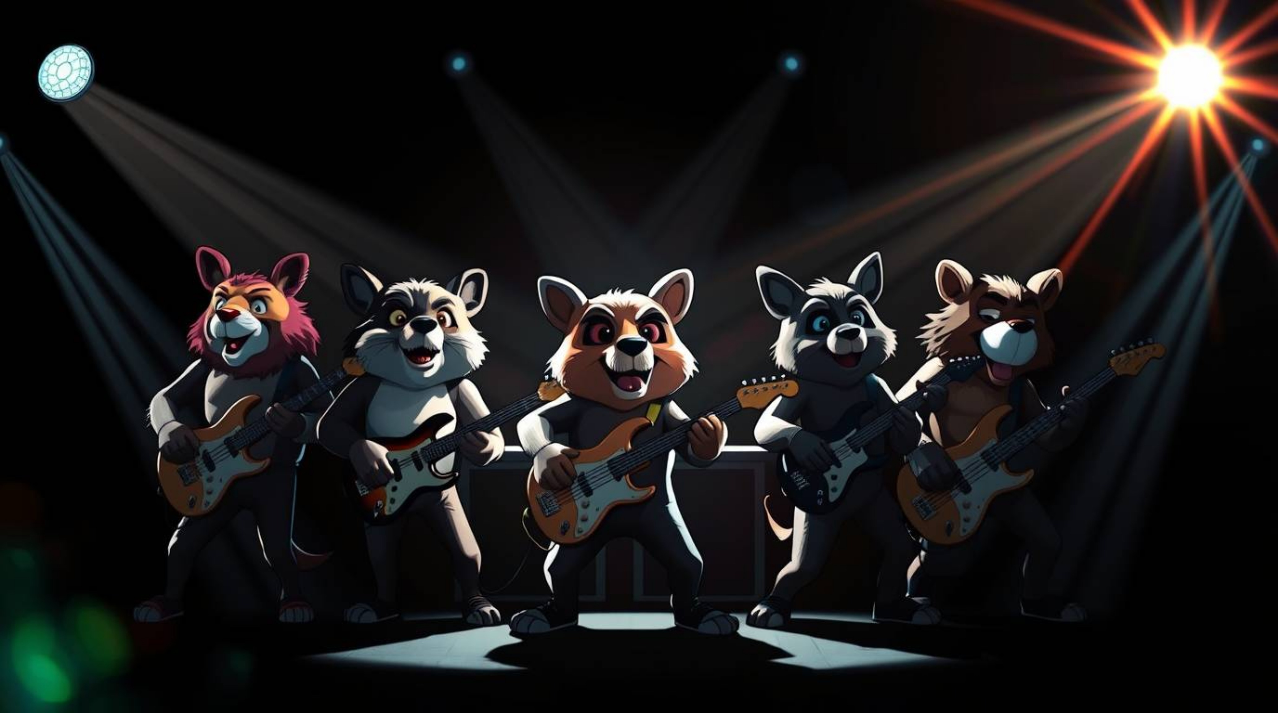 A captivating image depicting a rock band composed of cartoon animals.  Rendered in a dramatic style with intense jet black, 