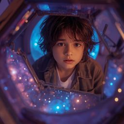 This exquisite high fashion photography captures a young boy with bright brown eyes and messy brown hair, utterly amazed as h