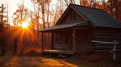 Capture the serene beauty of a rustic wooden cabin bathed in the warm glow of golden hour sunlight during a stunning autumn s
