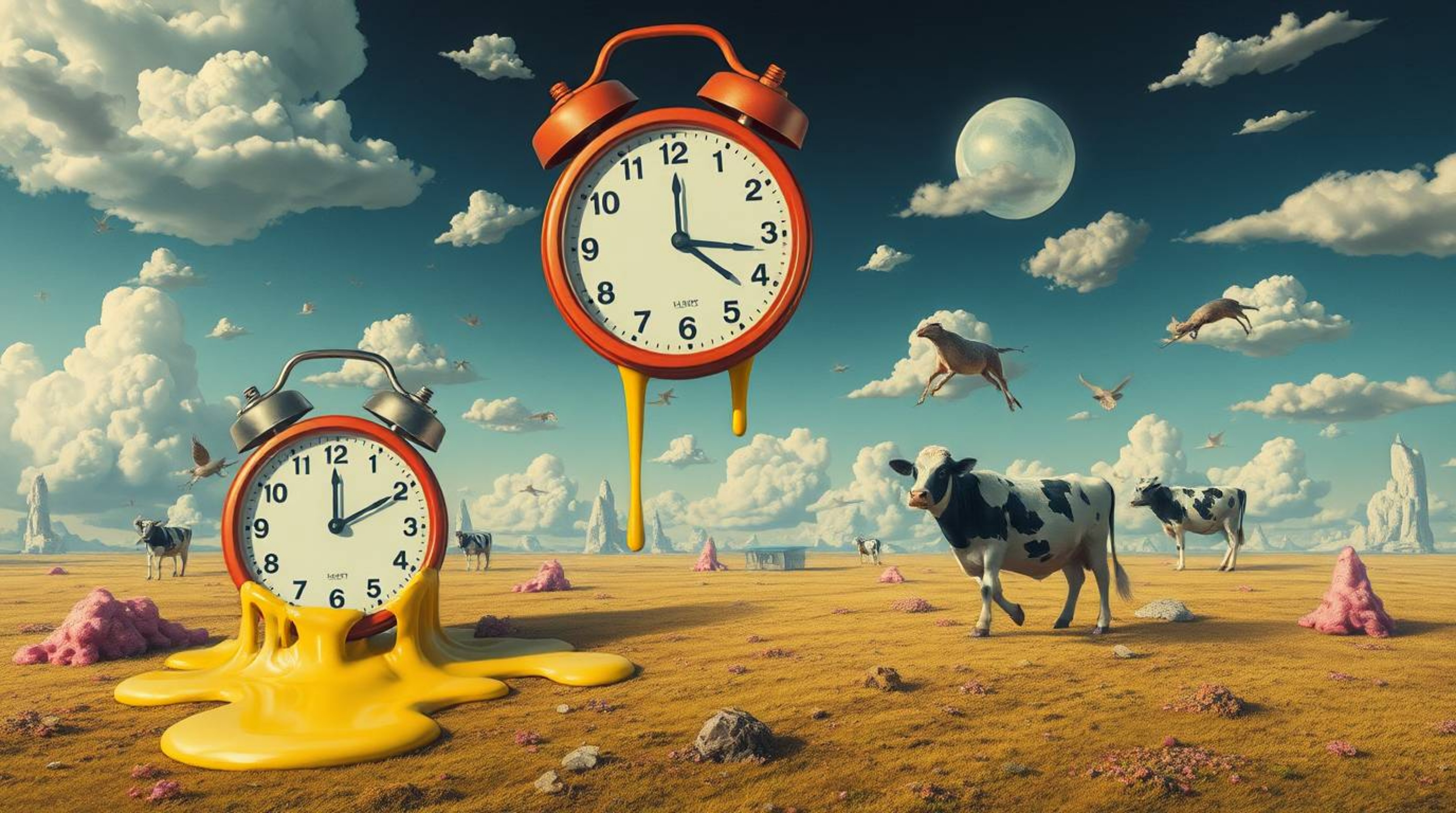 Immerse yourself in a surreal dreamscape featuring melting clocks and levitating cows, brought to life with vibrant complemen
