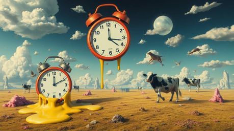 Immerse yourself in a surreal dreamscape featuring melting clocks and levitating cows, brought to life with vibrant complemen