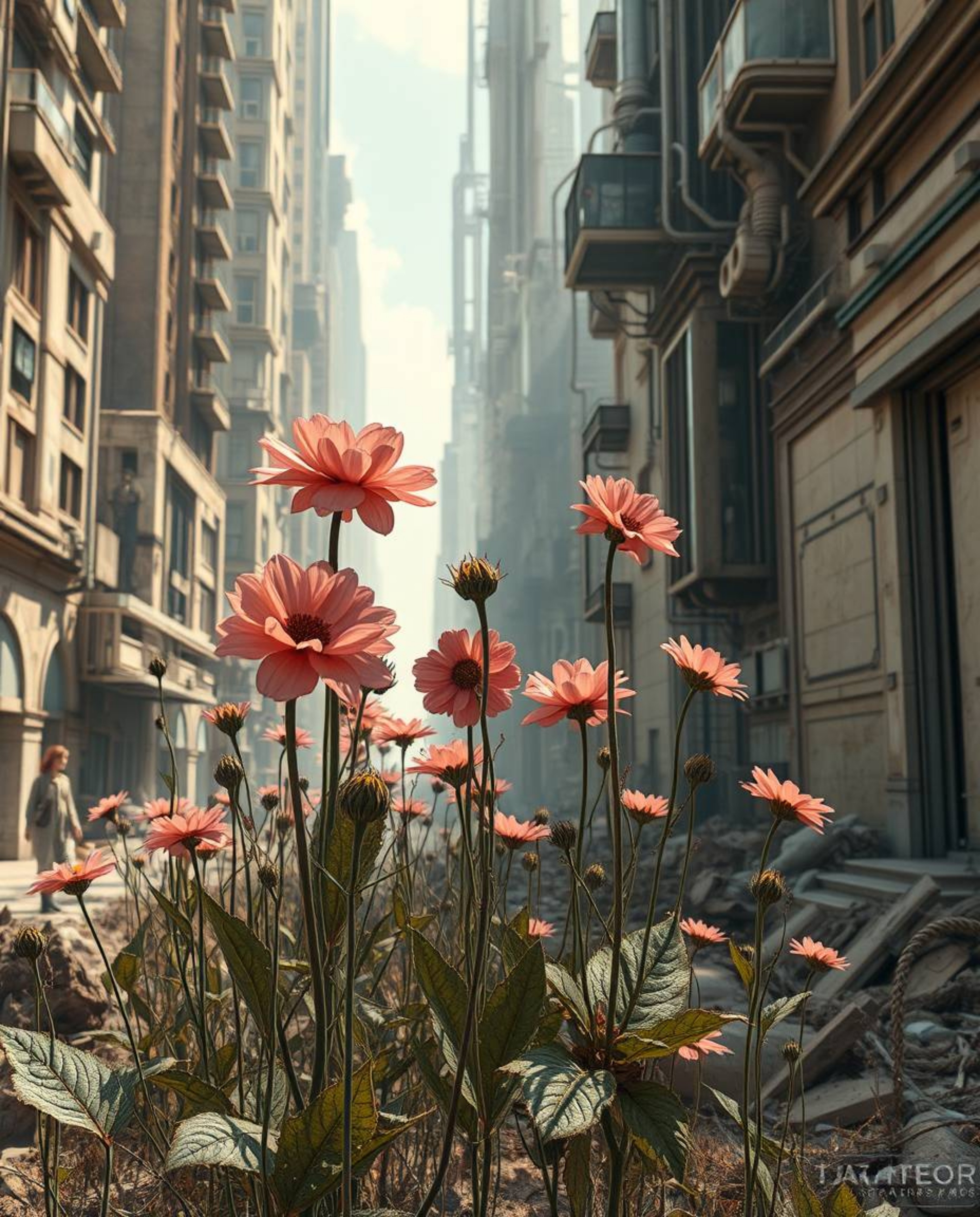 Explore a futuristic sci-fi landscape where flowers bloom amidst the ruins of a post-apocalyptic city. Natural earth tones li