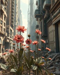 Explore a futuristic sci-fi landscape where flowers bloom amidst the ruins of a post-apocalyptic city. Natural earth tones li