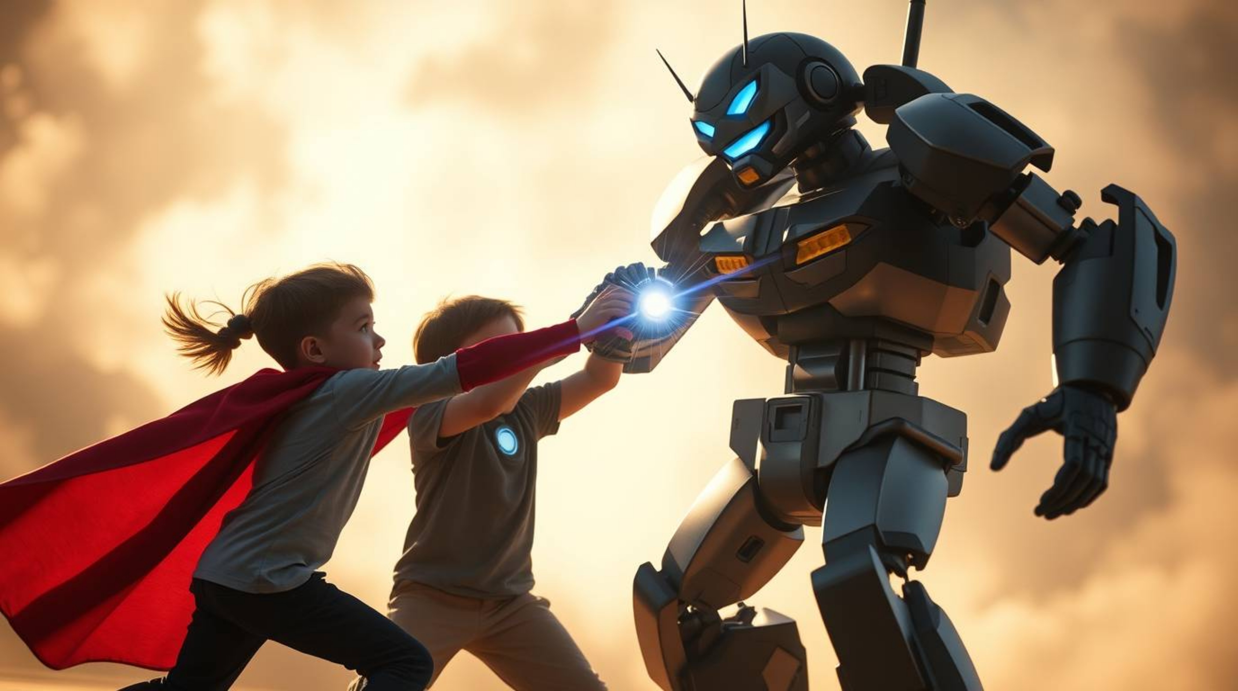 A photograph showcases three superpowered children engaged in a dynamic battle against a robot. The image is sharply focused 
