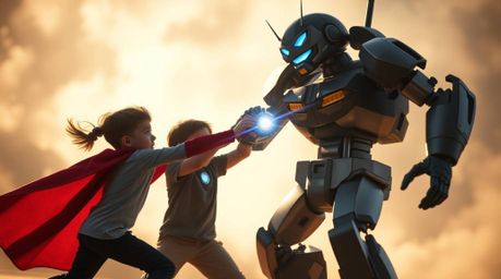 A photograph showcases three superpowered children engaged in a dynamic battle against a robot. The image is sharply focused 