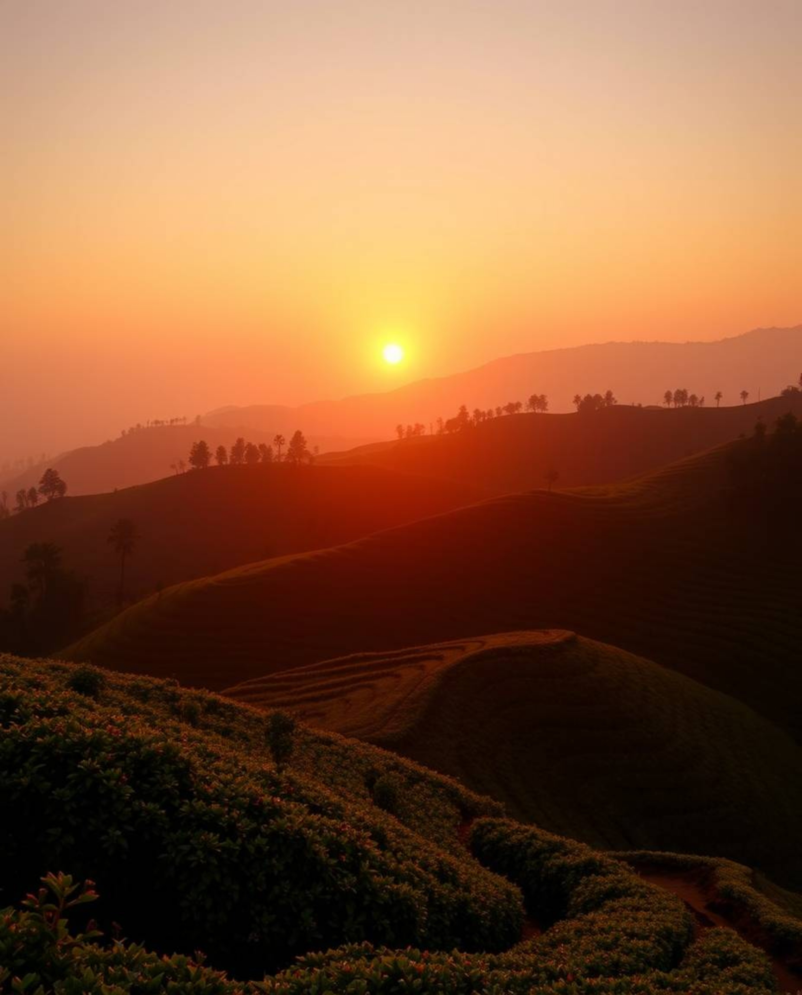 A sunset over terraced tea plantations is bathed in gentle, soft, warm light. The scene is predominantly composed of reds, or