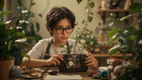A high-resolution stock photo captures a bright-eyed, bespectacled homeschooled genius with a gentle smile, designed in a Pix