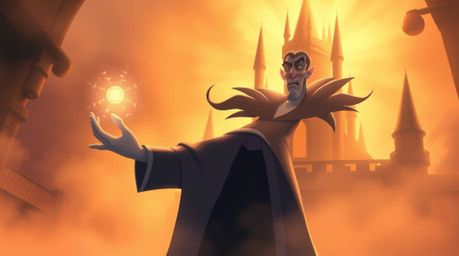 This artwork depicts a classic Disney villain casting a spell within a hazy old castle, bathed in a warm golden glow and soft